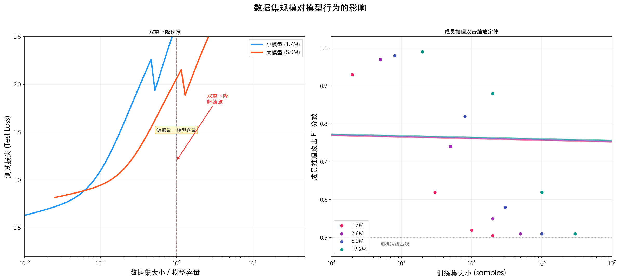 双重下降与成员推理缩放定律